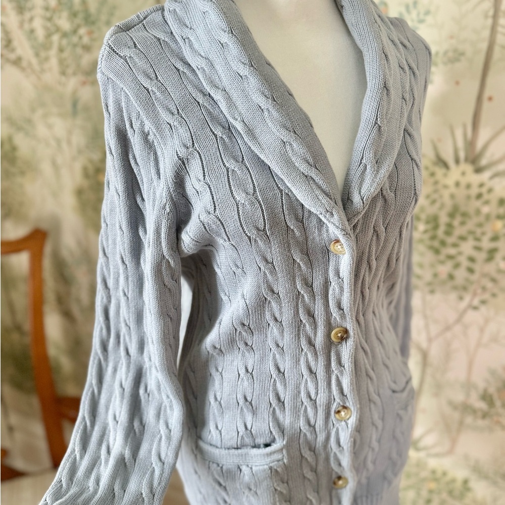 Lauren Ralph Lauren Dusty Blue Gray Cable Knit Shawl Collar Button Front Cardi
